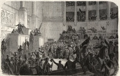 Hertogin van Orleans in de Kamer van Afgevaardigden (1848), Parijs, Frankrijk - Revolutie van 1848 - De hertogin van Orleans in de Kamer van Afgevaardigden in Parijs tijdens de proclamatie van de Republiek (Helene de Mecklembourg Schwerin, hertogin van Orl
