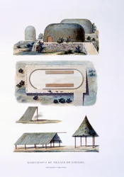 Woningen in Likiliki Village, Nieuw-Ierland, 1826