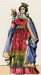 Capetingische dynastie: Portret van Adelheid of Alix of Alice van Champagne (1140-1206), koningin van Frankrijk, echtgenote van Lodewijk VII de Jonge (1120-1180). Epinal afbeelding uit het einde van de 19e eeuw. Privécollectie