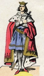 Dynastie van de Capetingers: Portret van Lodewijk IX van Frankrijk (1214-1270) koning der Franken van 1226 tot 1270. Epinal afbeelding uit het einde van de 19e eeuw. Privécollectie.