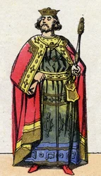 Capetingische dynastie: Portret van Lodewijk VI de Dikke (1081-1137), koning der Franken van 1108 tot 1137. Epinal afbeelding uit het einde van de 19e eeuw. Privécollectie