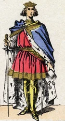 Dynastie van de Capetingen: Portret van Filips III genaamd de Stoute, koning van de Franken. Epinal afbeelding eind 19e eeuw. Privécollectie.