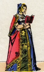 Dynastie van de Valois: Portret van Anna van Bretagne (1477-1514), Koningin van Frankrijk, vrouw van Karel VIII (1470-1498). Epinal afbeelding eind 19e eeuw. Privécollectie.