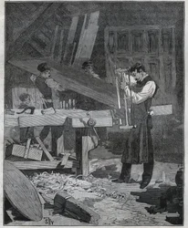 Ebenisterie: ebenist werker die een plank splijt aan de werkbank. Gravure uit 1885 in 