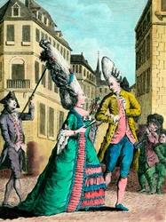 Excentrieke kapsels in de 18e eeuw: de Franse vrouw op de wandeling. Gravure uit de 18e eeuw. Privécollectie.