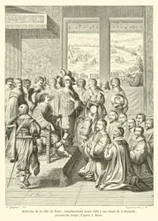 Schepenen van de stad Parijs, complimenterend Lodewijk XIII bij zijn terugkeer uit La Rochelle, gravure uit die tijd; naar A Bosse