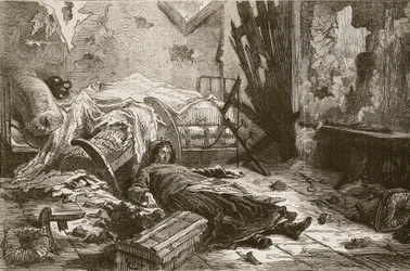 Gevolgen van de explosie van een granaat in een huis in de buitenwijken, mei 1871, illustratie uit 