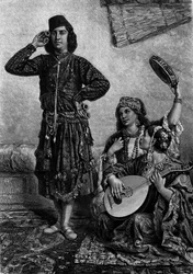 Egyptische muzikanten en dansers. Man houdt cimbalen tussen zijn vingers. Gravure in 