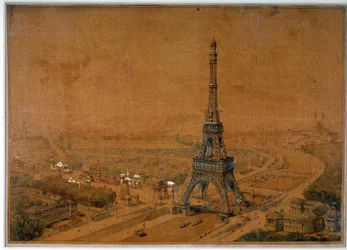 Afgewezen ontwerp voor de Eiffeltoren uit de wedstrijd van 1886 voor de tentoonstelling van 1889. Tekening uit 1886. Parijs, Nationaal Archief
