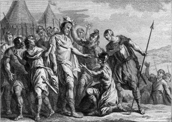 Verkiezing van Merovee of Merovech als leider van de Salische Franken in 448. Eerste Merovingische koning, hij regeerde tot 458. Gravure van de 18e eeuw.