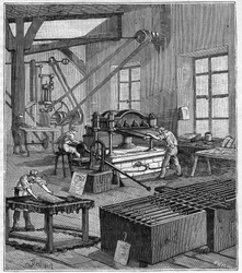 Galvaniseren - Galvaniseerwerkplaats van Monsieur Rousset in Parijs in de 19e eeuw - Gravure in 