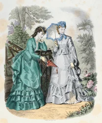 Elegante vrouwen in een tuin, uit La Mode Illustrée, 1871