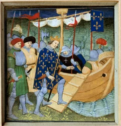 Inscheping van Saint Louis (Louis IX) (1214-1270) voor de 7e Miniatuur Kruistocht van de Franse School
