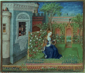 Emelye in haar tuin. De gevangen ridders Palamon en Arcite, uit de Getijden van de Hertog van Bourgondië