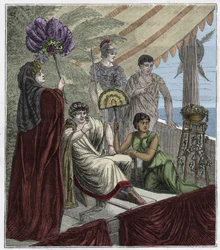 Smaragdblad gebruikt als optisch instrument door keizer Nero, keizer van Rome (54-68 AD) die gladiatorengevechten bekijkt door een concave geslepen smaragd als lens om zijn bijziendheid te corrigeren - Gravure in 