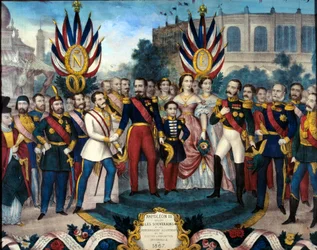 Keizer Napoleon III (1808-1873) ontving buitenlandse vorsten op de Wereldtentoonstelling van 1867 Gravure van de 19e eeuw. Kasteelmuseum van Compiegne