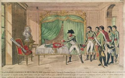 Keizer Napoleon I overpeinst het zwaard van Frederik de Grote in Potsdam in 1806