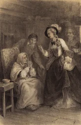 Keizerin Maria Theresia van Oostenrijk bezoekt een aan huis gebonden arme vrouw