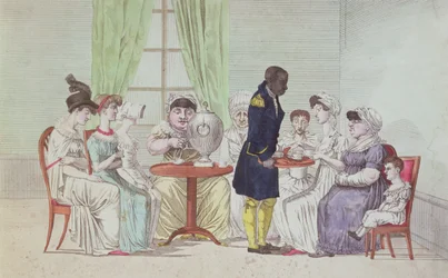 Engelse vrouwen drinken thee na het diner