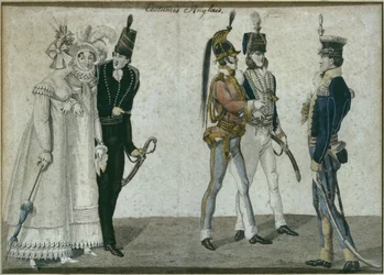 Engelse kostuums, illustratie uit Le Bon Genre, begin 19e eeuw (kleurgravure)
