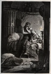Eponine en haar man Julius Sabinus die clandestien in een grot leven om te ontsnappen aan keizer Vespasianus - Sabinus en zijn vrouw Eponine, verborgen in een grot - gravure uit 
