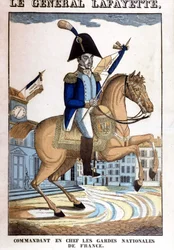 Ruiterportret van generaal La Fayette (Lafayette), opperbevelhebber van de Nationale Garde van Frankrijk