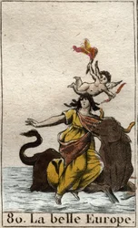 Europa ontvoerd door Zeus in de vorm van een stier. Uit “Mythologie de la jeunesse” door Pierre Blanchard 1803.