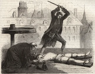 Executie (Le torice de la roue) van de vergiftiger Antoine-Francois Desrues (1744-1777) op de Place des Greves in Parijs in 1777 - Straf van Desrues, gebroken op het rad op de Place de Greve in Parijs