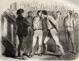 Executie van de vier sergeanten van La Rochelle op 21 september 1822: Bories, Raoulx, Gaubin, Pommier - Raoulx, die als eerste zou worden geëxecuteerd, vroeg om zijn kameraden te omhelzen - Gravure in 