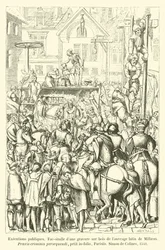 Openbare executies, facsimile van een houtsnede uit het Latijnse werk van Millaeus, Praxis criminis persequendi, klein in-folio, Parijs, Simon de Colines, 1541