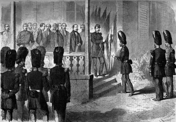 Expeditie naar Mexico (1861-1867): Napoleon III (1808-1873) overhandigt de sergeanten van de regimenten van de grenadiers van de garde de vlaggen die door het Franse leger in Mexico zijn veroverd