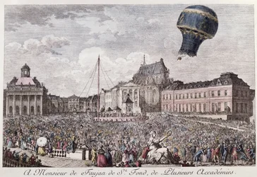 Experiment van de gebroeders Montgolfier in Versailles met de vlucht van een haan, een eend en een schaap in een montgolfière op 19 september 1783