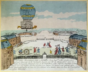 Experiment in Versailles van de gebroeders Montgolfier met de vlucht in een Montgolfière-luchtballon van een haan, een eend en een schaap op 19 september 1783