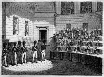 Uitwijzing van Jacques Antoine Manuel (1775-1827) Frans liberaal advocaat en politicus van het Huis van Afgevaardigden. Gravure in 