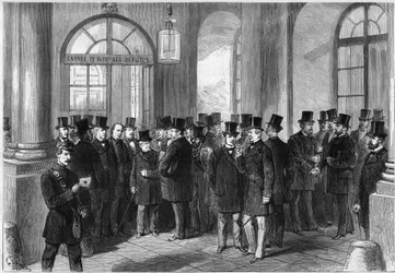 Verlenging van de presidentiële termijn van maarschalk Mac-Mahon, instelling van het septennat in Frankrijk, november 1873: zicht op de ingang van de Assemblée de Versailles, op de dag van de discussie over de verlenging. Van links naar rechts