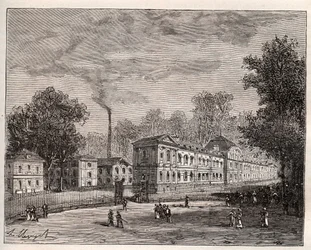 Buitenaanzicht van de Keizerlijke Porseleinfabriek van Sevres, gebouwd in het park van Saint Cloud volgens de plannen van architect Laudin - gravure in 