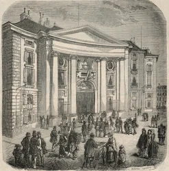 Buitenaanzicht van de School voor Recht, Place du Pantheon in Parijs - Gravure in 