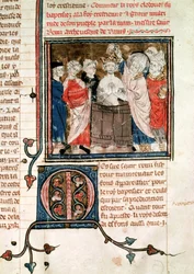 St. Remigius die Clovis I doopt en zalft, uit de Grandes Chroniques de France