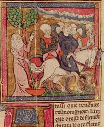 F.288r Ferdinand van Portugal (1186-1233) Graaf van Vlaanderen als gevangene naar Parijs gebracht na de Slag bij Bouvines, 27 juli 1214, Grandes Chroniques de France, 1375-79