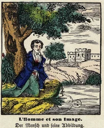 Fabels van La Fontaine: man en zijn spiegelbeeld. Afbeelding van Epinal, eerste helft van de 19e eeuw.
