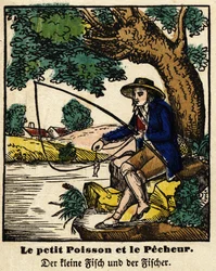 Fabels van La Fontaine: de kleine vis en de visser. Epinal afbeelding, eerste helft van de 19e eeuw