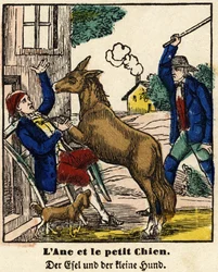 Fabels van La Fontaine: de ezel en de kleine hond. Afbeelding van Epinal, eerste helft van de 19e eeuw