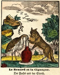 Fabels van La Fontaine: de vos en de ooievaar. Epinal afbeelding, eerste helft van de 19e eeuw