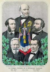 Beroemde mannen van de Franse Republiek: Jules Ferry (1832-93) Jules Grevy (1807-91) Leon Gambetta (1838-82) Victor Hugo (1802-85) en Louis Blanc (1813-82) 1873