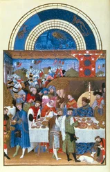 Facsimile van Januari: banketscène door de gebroeders Limbourg, uit de Très Riches Heures du Duc de Berry