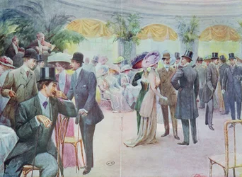 Modeplaat die een Society bijeenkomst afbeeldt, 1908