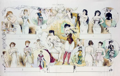 Modeplaat voor La Vie Parisienne die korsetten afbeeldt, c.1870 (kleurgravure)