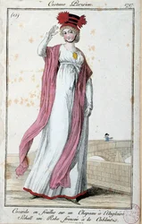 Mode onder het Directoire: elegante jonge vrouw in een Parijse dracht, kokarde van linten op een Engelse hoed, jurk met Coblenz-plooien. Anonieme gravure. 1797, Parijs, Musée du Costume