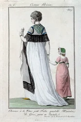 Mode onder het Directoire: elegante jonge Parijse vrouw gekleed in de Titus, gaasmantel met kant. 1797. Parijs, kostuummuseum