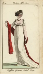 Modieuze vrouw of Merveilleuse met oud-Grieks kapsel